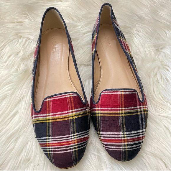 J crew plaid tartan fall holiday flats loafers round toe size 9 red blue slip on